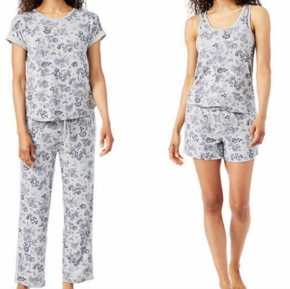 Lucky Brand Floral Tee Tank Shorts Pants Pajama 4 Piece Set Blue Grey XL